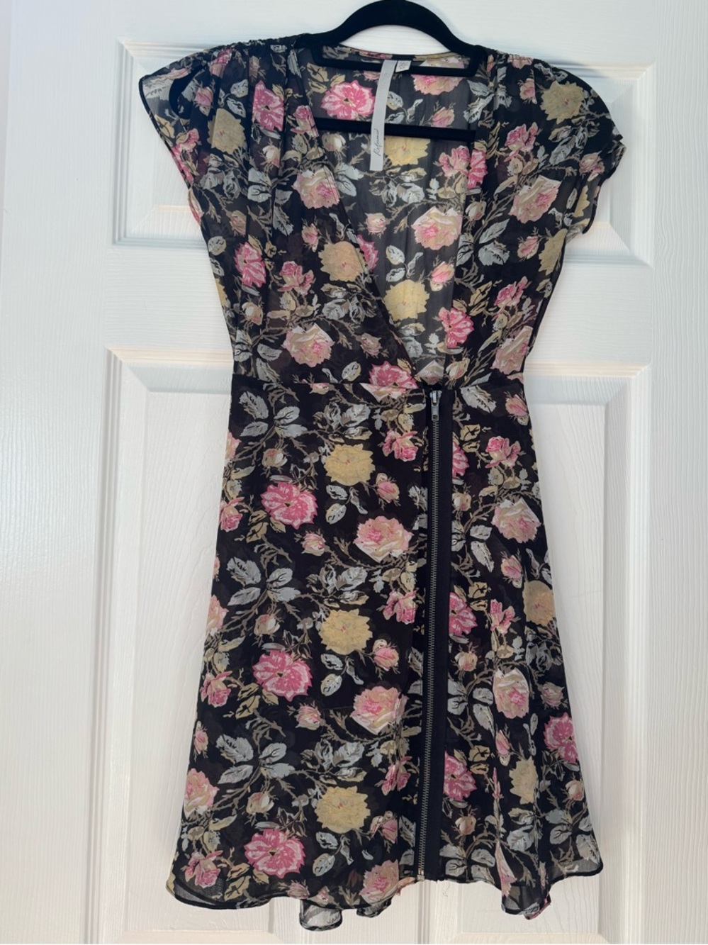 Black Floral Zip-Front Mini Dress with Pink & Yellow Roses